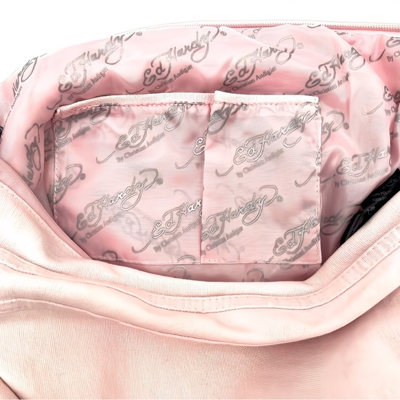 Vintage Ed Hardy Y2K Kim Tote Large Crossbody Bag Pink Sequin Rose Tattoo Design - Picture 10 of 12